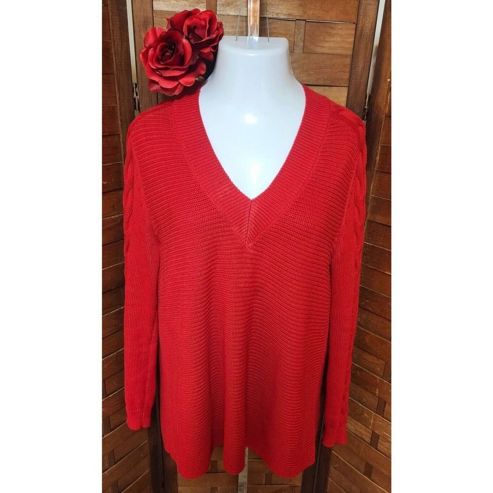 CAbi 3714 Red Sweater V-Neck Pullover Women's Chunky Cable Knit Oversized Small